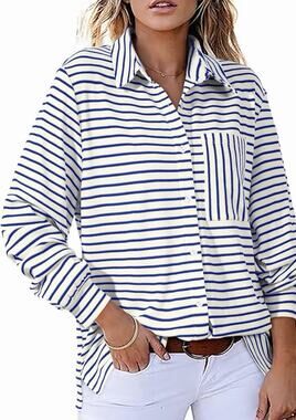 Astylish Women's Oversized Striped Button Down Shirt Navy/ White Small